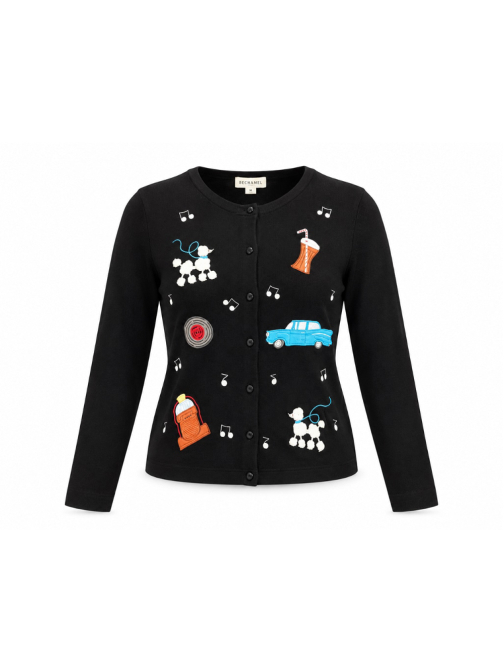Bechamel Womens M Black Cardigan Embroidered Poodle Jukebox 50s Rockabilly Retro